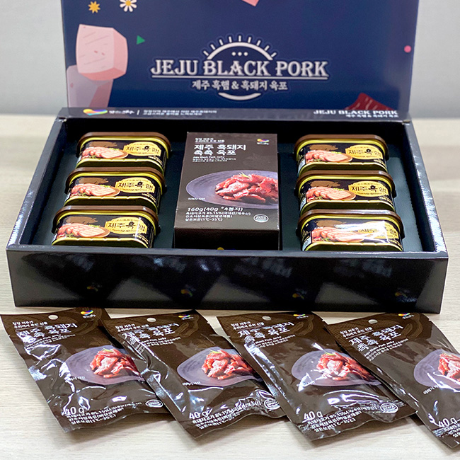 제주하우스 제주흑돼지 90%햄 200g x 6EA / 육포세트 40g x 4봉 선물세트 (손잡이케이스)